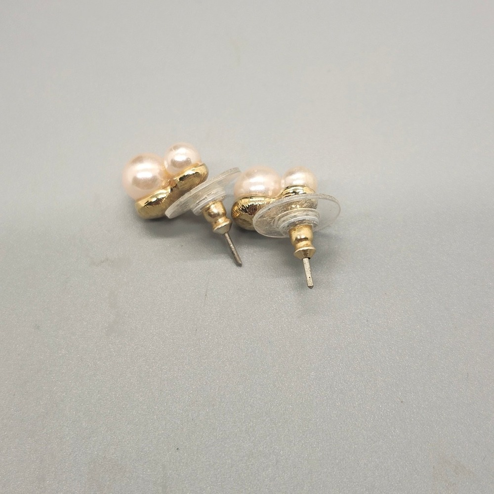Petite Gold Tone Double Faux Pearl Stacked Stud Earrings Cream Blush - Picture 3 of 3